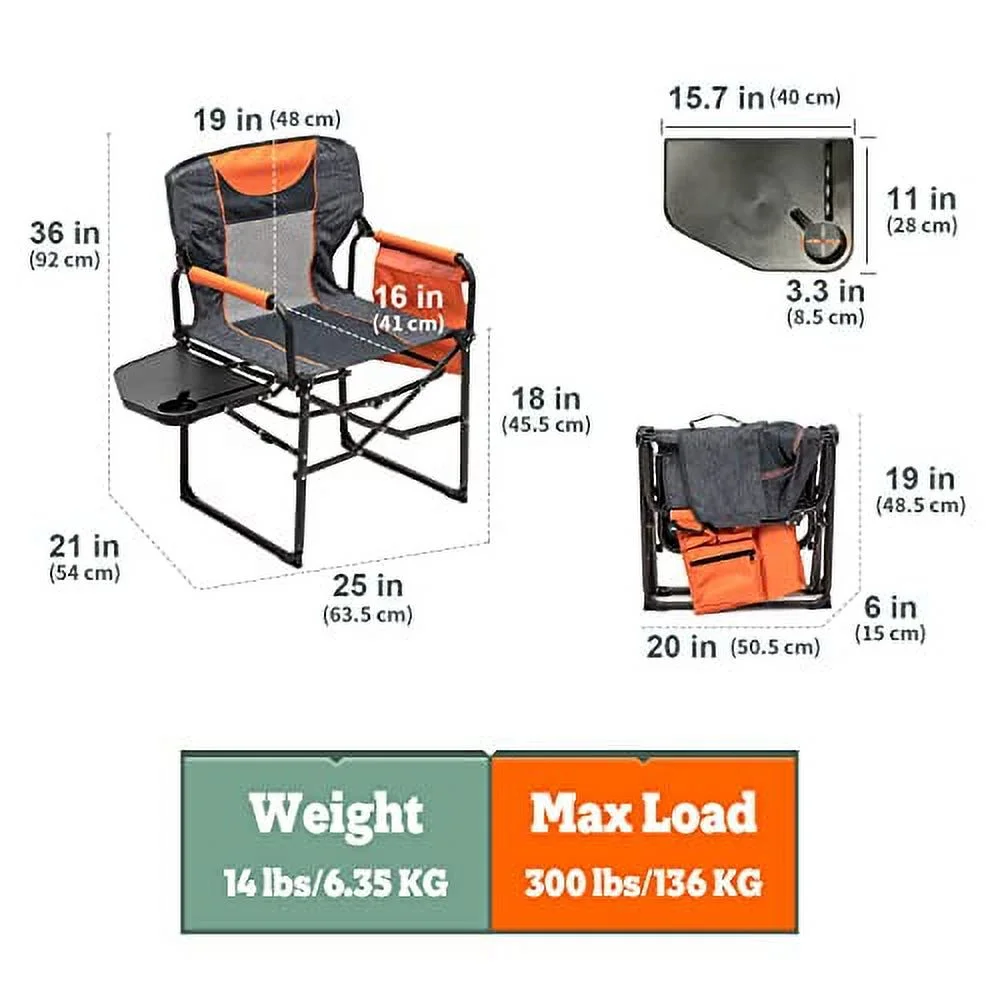 SunnyFeel Compact Camping Director Chair, Portable Folding Chairs with Side Table, Carry Bag (2 Pack Orange)