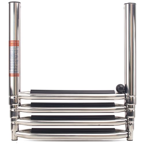 4-Step Heavy-Duty Stainless Steel Pontoon Boat Ladder with Extra Wide Steps & Handrails | Telescoping Folding Rear Entry Ladder, 600lbs Capacity