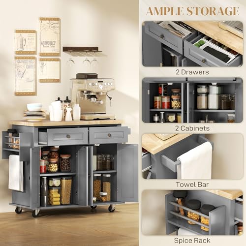 HOMCOM Kitchen Island on Wheels, Rolling Cart with Rubberwood Top, Spice Rack, Towel Rack and Drawers for Dining Room, Navy Blue
