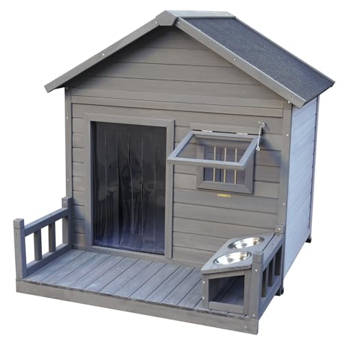 Outdoor Wooden Dog House,Waterproof Kennel with Deck and Sloped Roof,High Stability Pet Dog Cage for Small/Medium Puppy