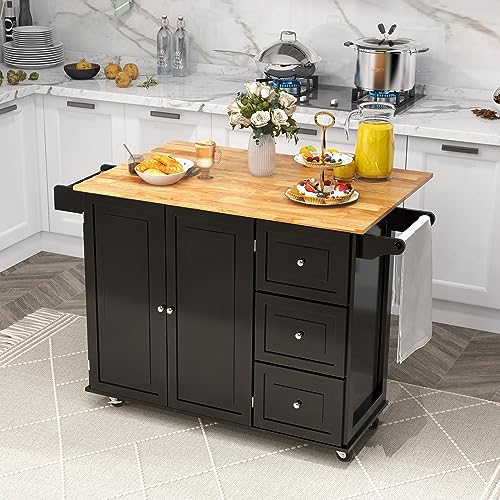 GOFLAME Kitchen Island Cart with Drop Leaf, Rolling Kitchen Cart on Wheels with Rubber Wood Top, 3 Drawers, Towel & Spice Rack, 2-Door Cabinet