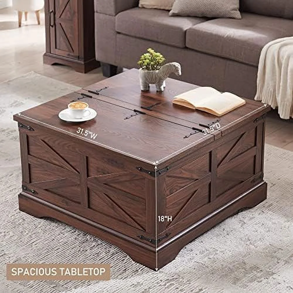 HJZBNONE Farmhouse Coffee Table  Square Wood Center Table with Large Hidden  Compartment for Living Room  Rustic Cocktail Table with Hinged Lift Top