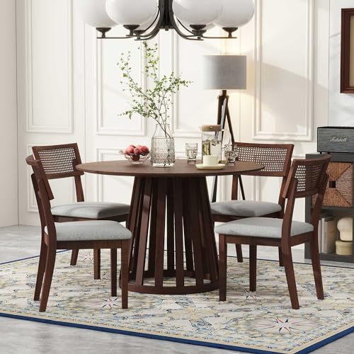 47.2'' Round Dining Table Set for 4 6 Wood Dining Room Table and 4 Upholstered Chairs 5-Piece Kitchen Table Leisure Coffee Table with Rattan