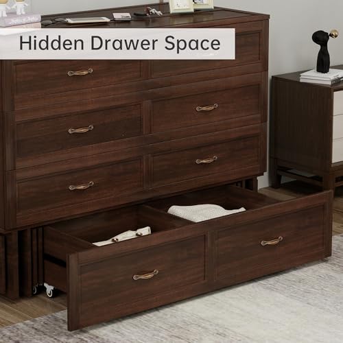 Murphy Bed Cabinet Full, Solid Wood Murphy Bed with 2 USB & 2 Charging Ports, Large Storage Drawer for Home Office or Small Space