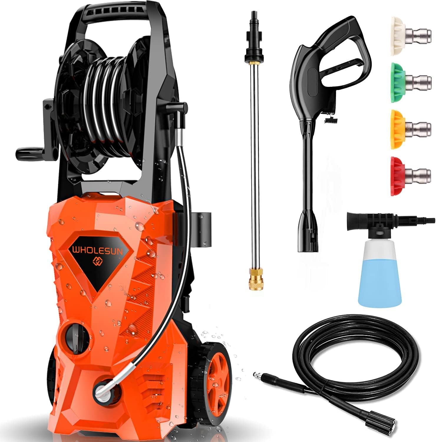 Pressure Washer WHOLESUN 3000PSI Electric Pressure Washer 2.4GPM Power Washer with Hose Reel and Brush 1600W High Pressure Washer for Driveway Fence