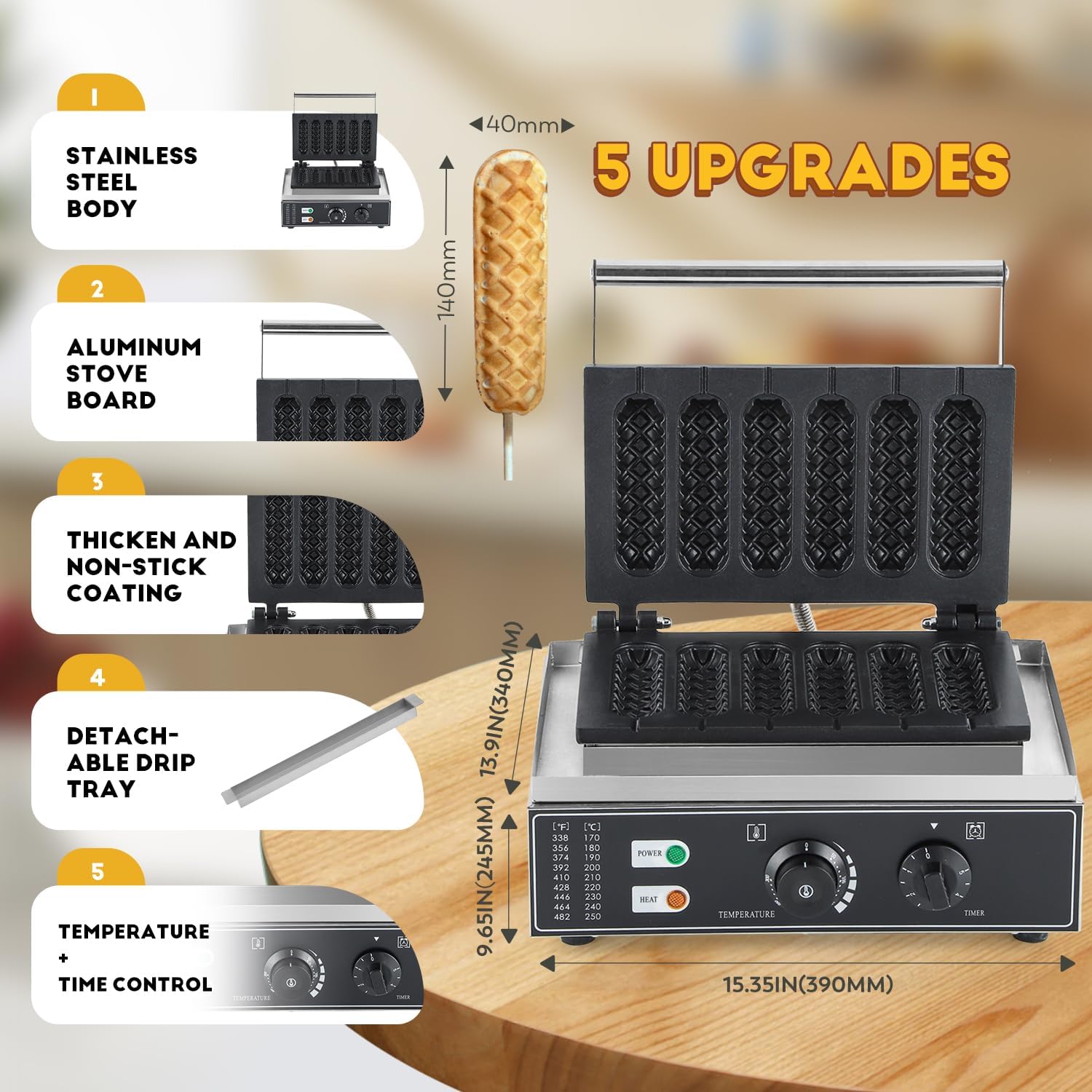 CGOLDENWALL Commercial/Home Corn Dog Waffle Maker Machine 1550W 6Pcs French Muffin Irons Non-stick Stainless Steel Waffle Stick Maker