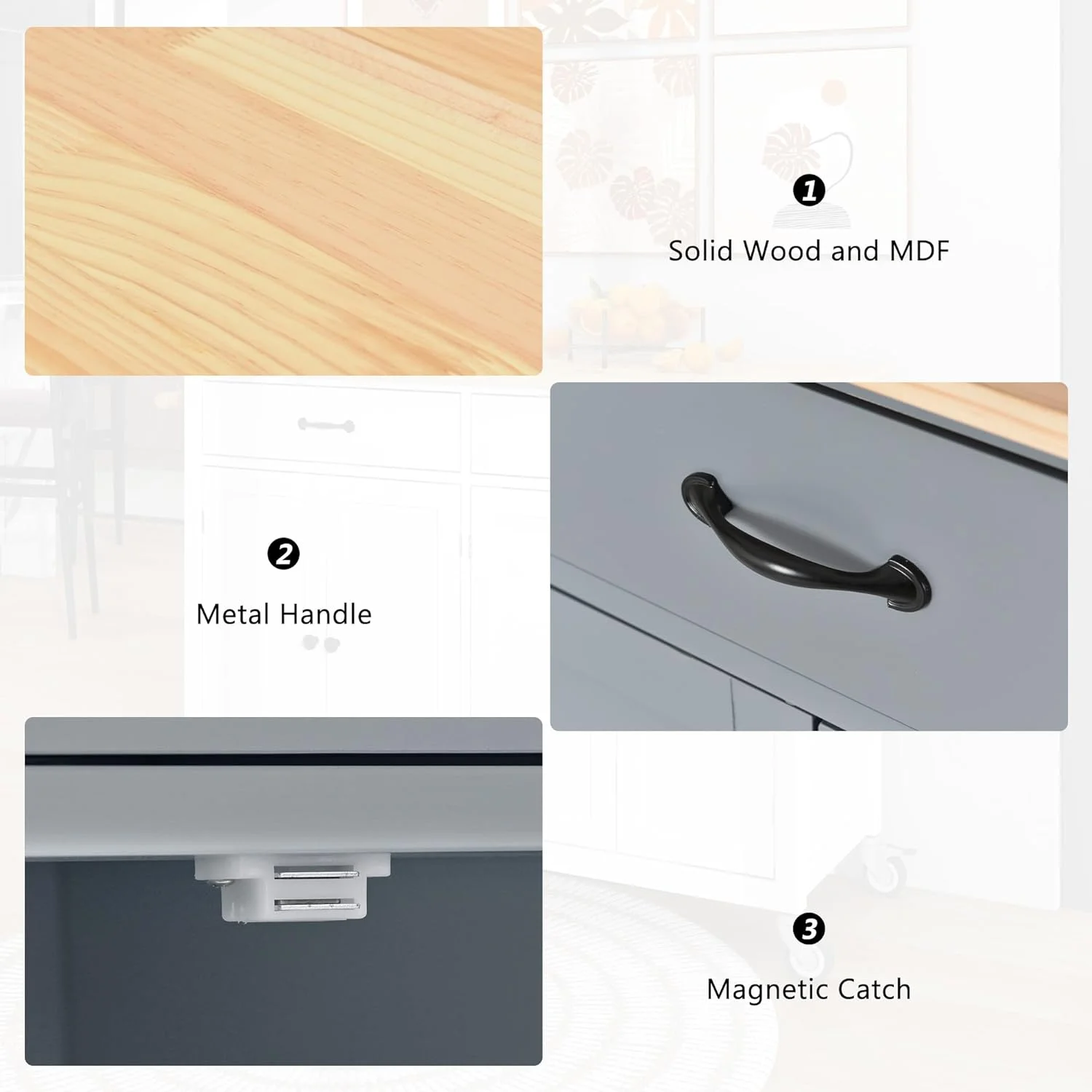 Large Kitchen Island With Solid Wood Top, Storage Cabinets And Drawers, Mobile Kitchen Island Cart With Spice Rack And Towel Rack