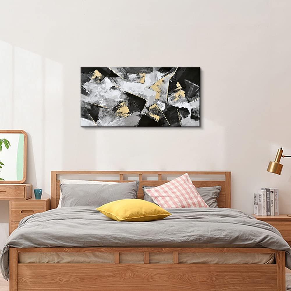 Pigort Abstract Geometry Wall Art for Living Room, Black Gold Canvas Prints Pictures Wall Decor, Modern Artworks for Home Office Decoration