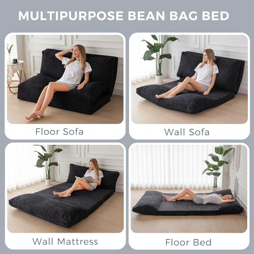 MAXYOYO Bean Bag Bed Folding Sofa Bed Floor Mattress for Adults, Extra Thick and Long Floor Sofa with Corded Washable Cover, Dark Grey, 30x95 Inch