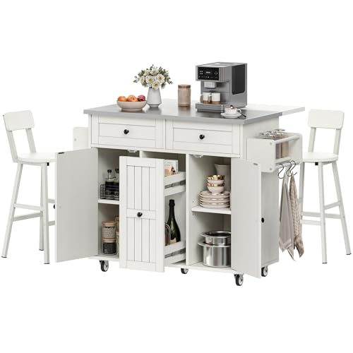 DWVO Kitchen Island on Wheels, Mobile Kitchen Island Cart with Folding Drop Leaf Breakfast Bar, Island Table for Kitchen with Large Storage Cabinets