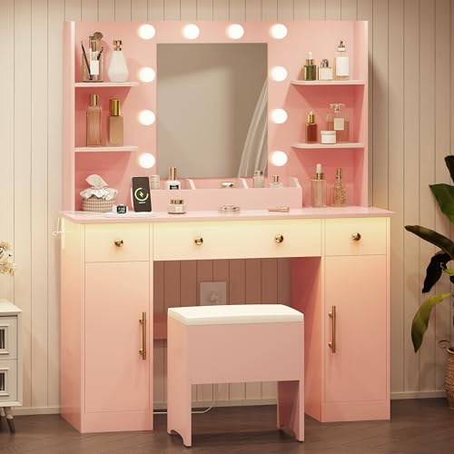 Vanity Desk with Mirror and Lights, Makeup Vanity with Charging Station & Vanity Stool