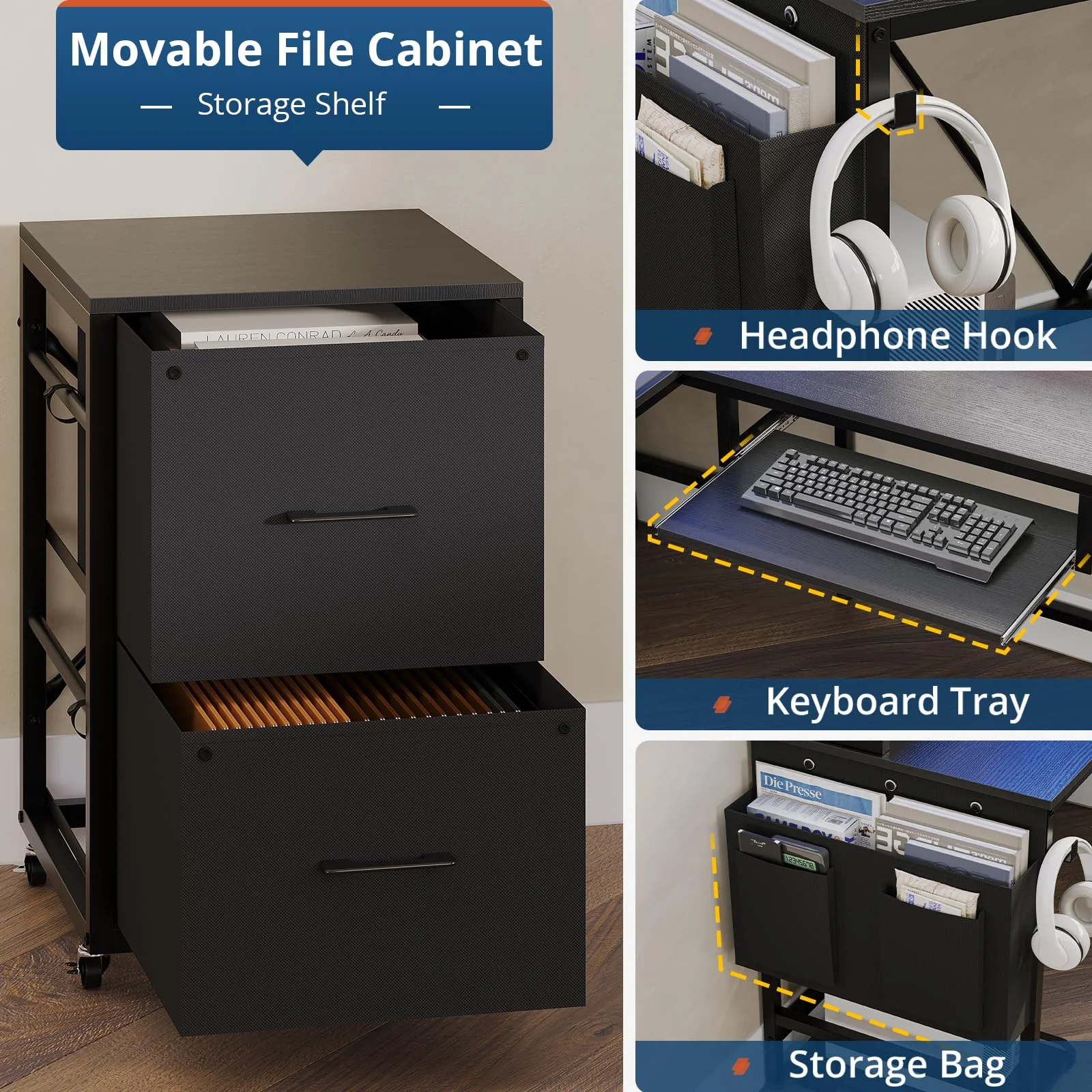 Black 55" Reversible Corner Computer Desk with Storage Shelf,L Shaped Gaming Desk with Power Outlet & Led Strip,Keyboard Tray and Headphone Hook