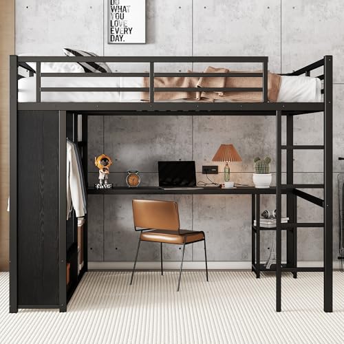 Queen Size Modern Metal Loft Bed with Wardrobe and L-Shaped Desk,Storage Cubes and Shelves,for Kids Teens Adults Bedroom Use (Black#h, Queen)