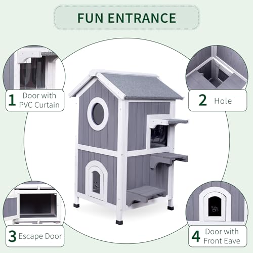 GEGURI Outdoor Cat House Weatherproof, Wooden Two-Story Feral Cat Shelter with Openable Roof, Escape Door, Balcony