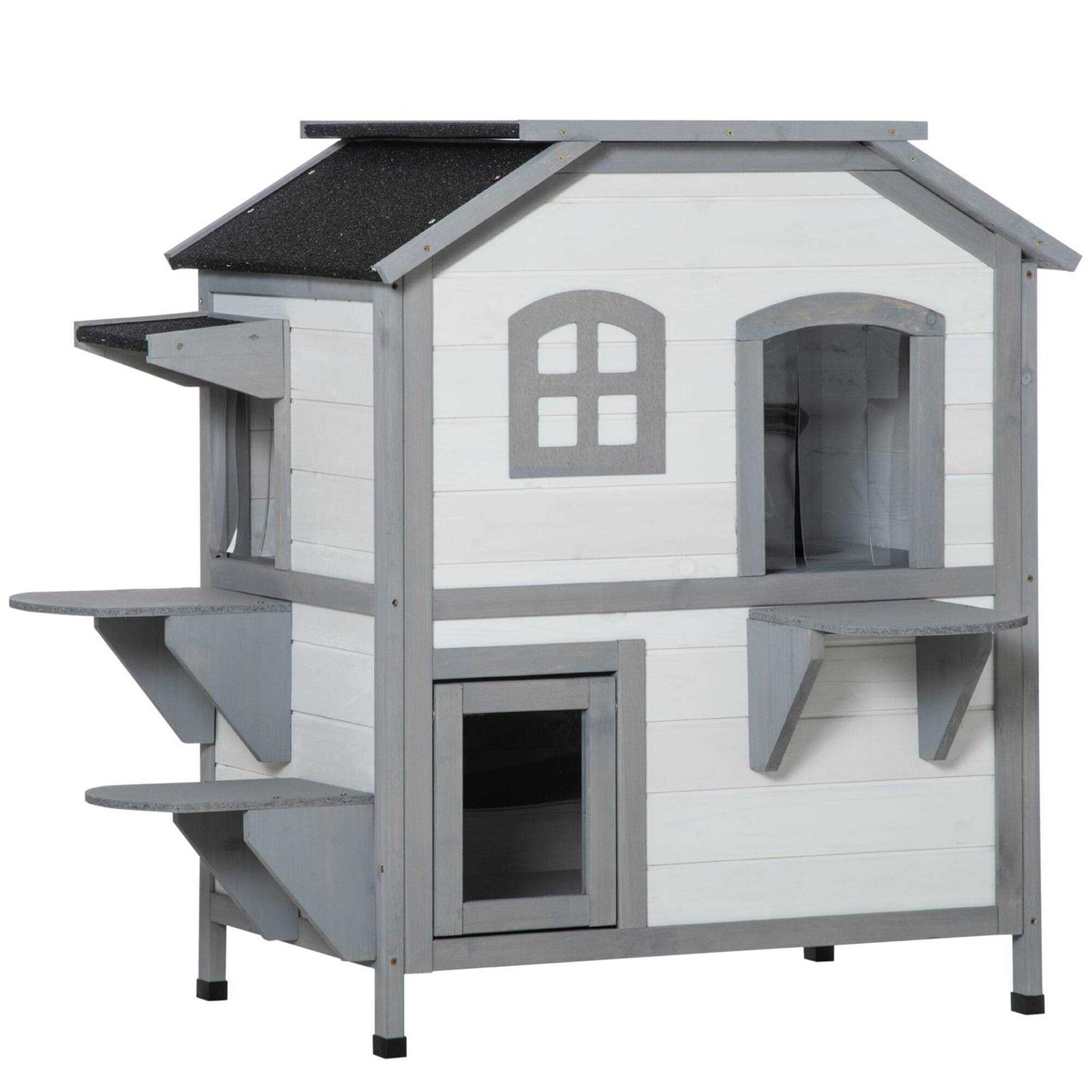 PawHut Wooden 2-Story Outdoor Cat House with Escape Door, Cat Openable Roof Platforms - Pet Supplies online store
