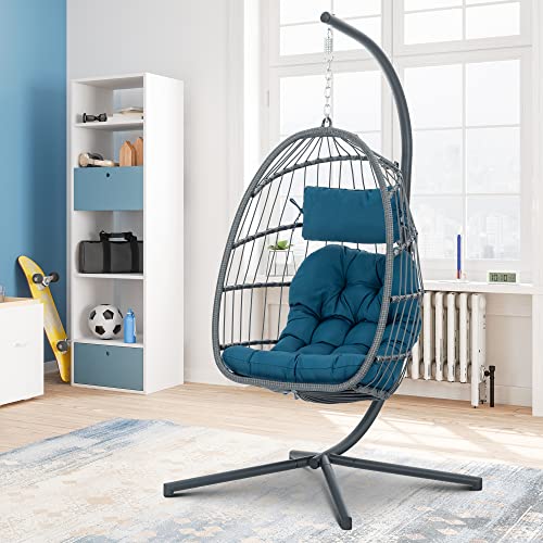 Brafab Hanging Egg Chair with Stand and Footrest, Wicker Egg Swing Chair Indoor Outdoor Aluminum-Steel Frame and UV Resistant Cushion