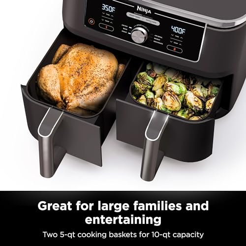 Ninja DZ401 Foodi 10 Quart 6-in-1 DualZone XL 2-Basket Air Fryer with 2 Independent Frying Baskets, Match Cook & Smart Finish to Roast, Broil