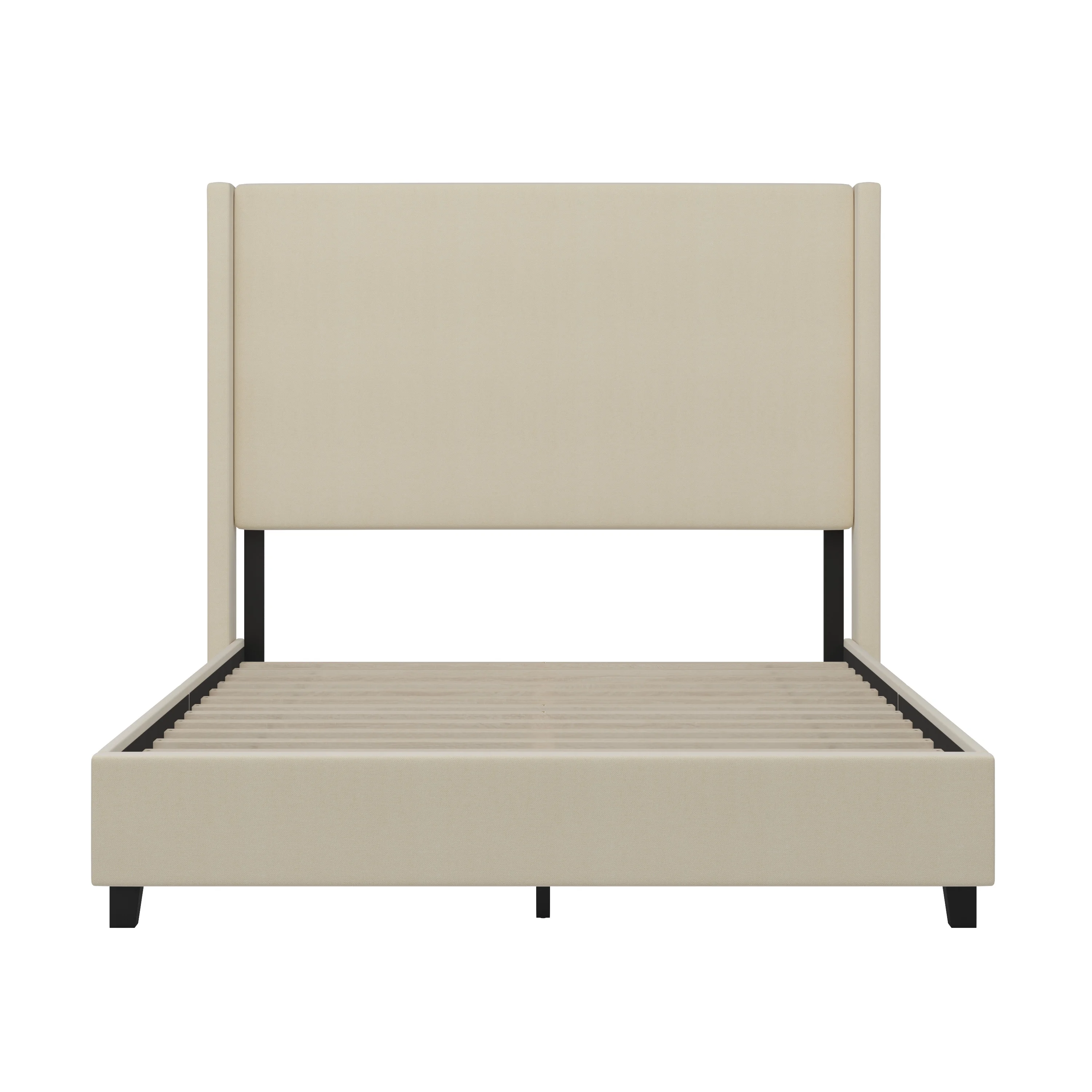 Merrick Lane Modern Queen Size Platform Bed Frame with Padded Faux Linen Upholstered Wingback Headboard and Wood Support Slats in Beige