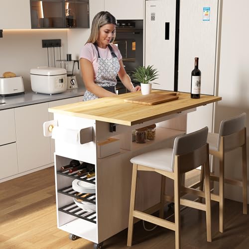 Rolling Mobile Kitchen Island Cart with Desktop Drop Leaf Countertop, Island Table Storage with 5 Wheels