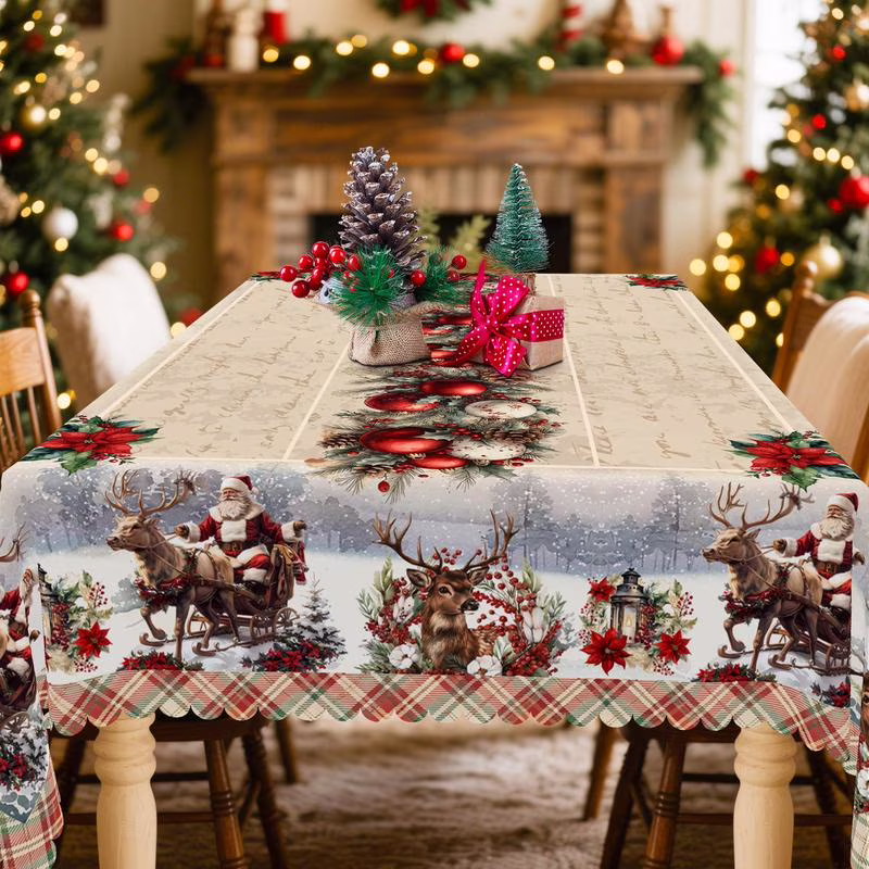 1pc Retro Christmas Themed Print Tablecloth - Rectangle Table Cover with Santa Claus,  Xmas Decor, Holiday Party Indoor Dining Decor