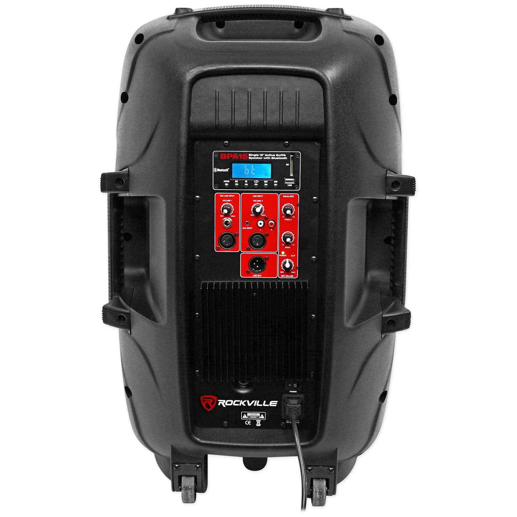 (2) Rockville BPA15 15 inch Powered 800W DJ PA Speakers wBluetooth+LED Stands+Cables
