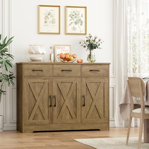 HOSTACK Modern Farmhouse Sideboard Buffet Cabinet, Barn Doors Buffet Storage Cabinet with Drawers and Shelves