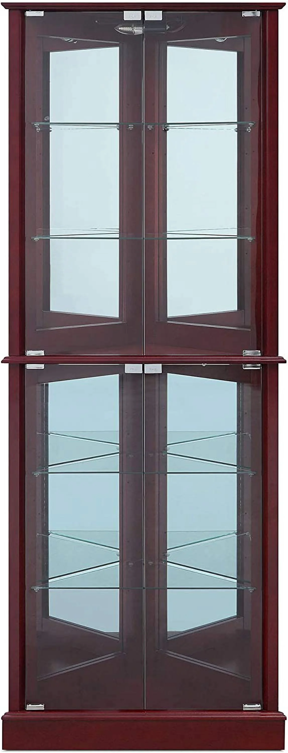 Lighted Corner Display Curio Cabinet Wooden Shelving Unit with Tempered Glass Door, Bar and Liquor Storage Area with 6 Shelves - Woody (Cherry)