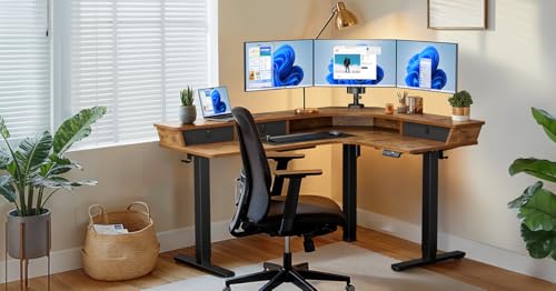 ErGear Electric L Shaped Standing Desk, 65'' Height Adjustable Corner Stand up Desk with Storage Drawers & Cable Management Trays