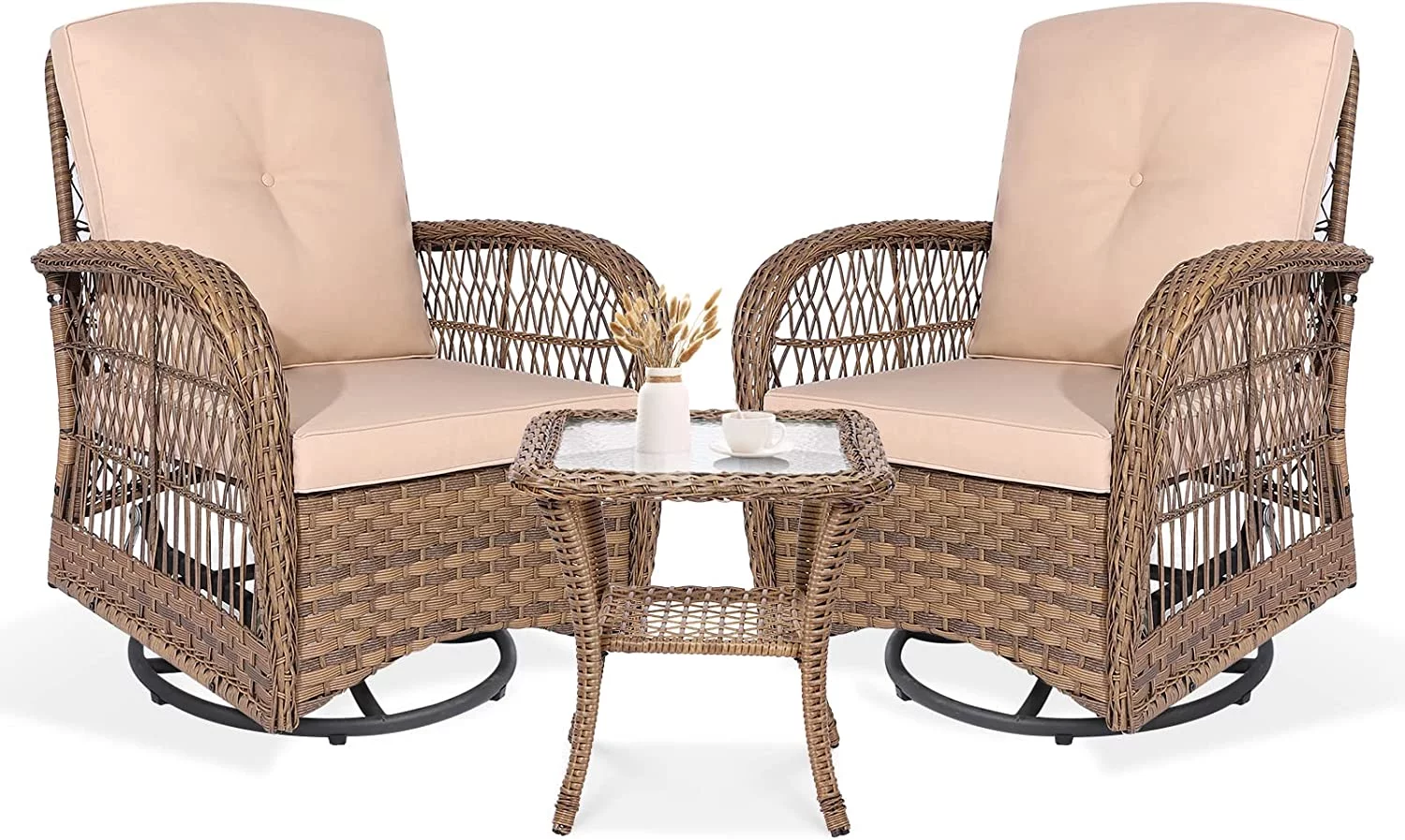 VIVIJASON 3-Piece Outdoor Conversation Bistro Set, Patio Swivel Glider Rocking Chairs Rattan Furniture Sets w/ 2 Rattan Chairs, Cushions