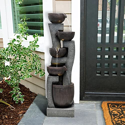 Naturefalls 32.6''H 3-Tier Retro Barrel Outdoor Waterfall Fountain Decor with LED Light,Resin Outdoor Water Feature with Decorative for Garden