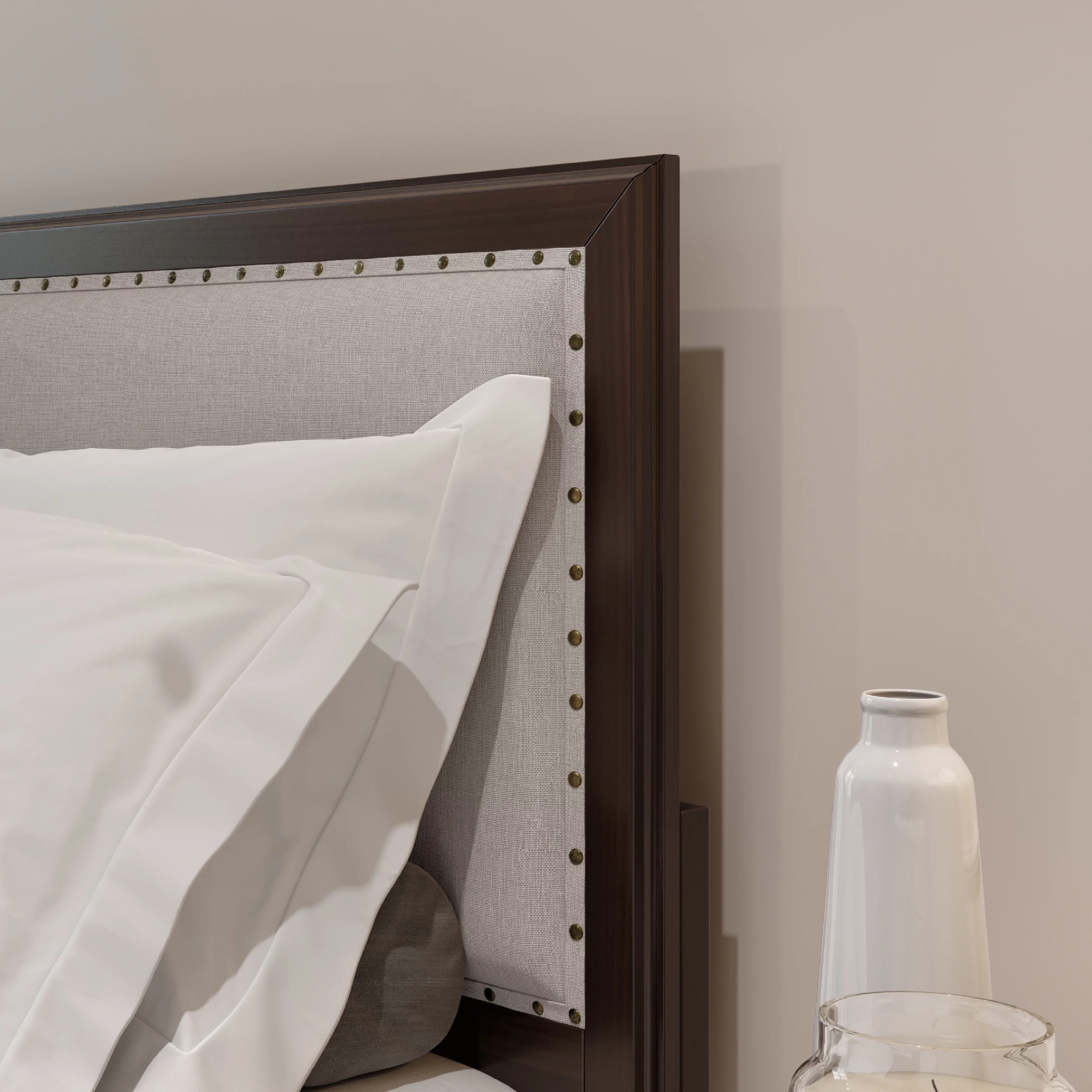DG Casa Salerno Upholstered Wood Platform Bed Frame with Nailhead Trim Adjustable Height Headboard and Full Wooden Slats Box Spring Not Required