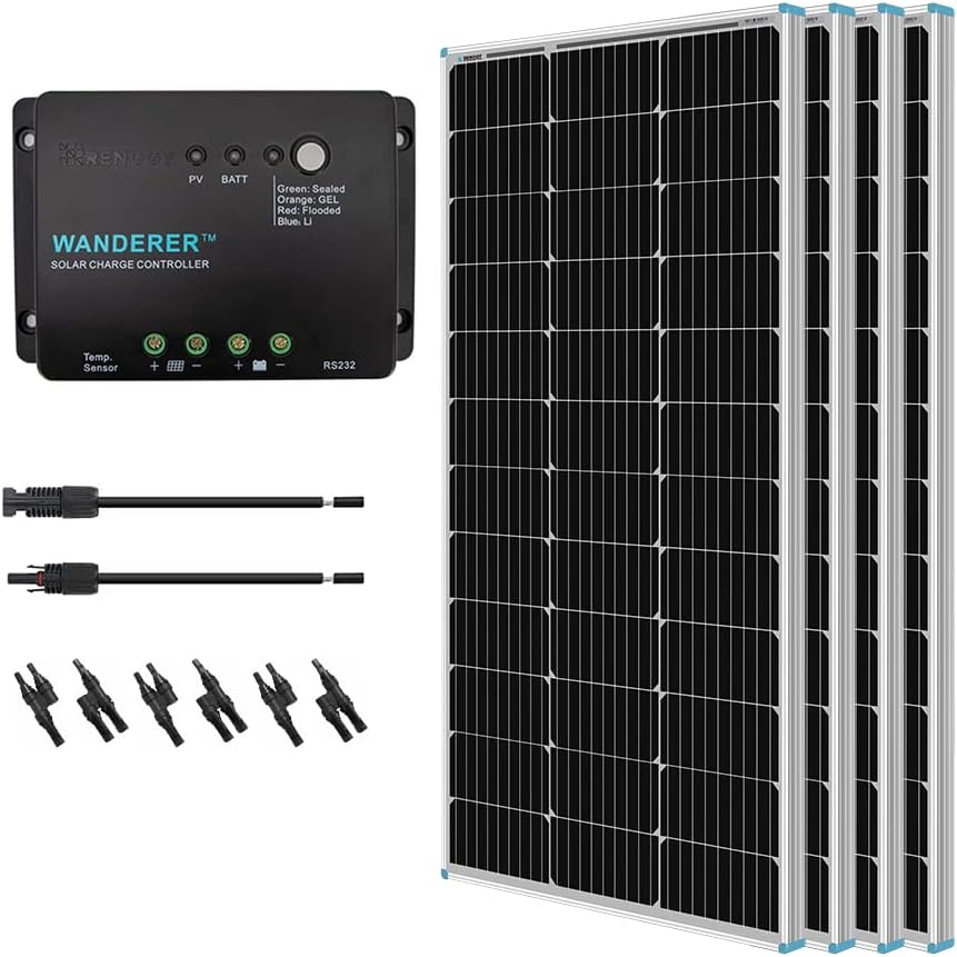 Renogy 400 Watt 12 Volt Monocrystalline Solar Panel Bundle Kit with 4 pcs 100W Panel and 30A Wanderer PWM Charge Controller for RV, Boats, Trailer