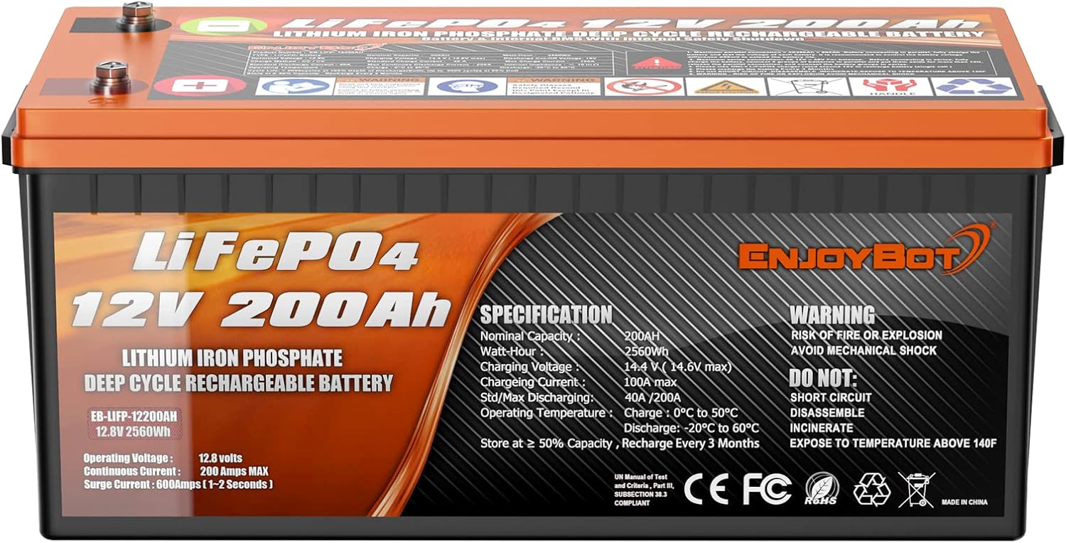 Enjoybot Deep Cycle Battery LiFePO4 12V 300Ah, Built-in 200A BMS, Lithium Iron Phosphate Battery for Solar RV Marine Camping