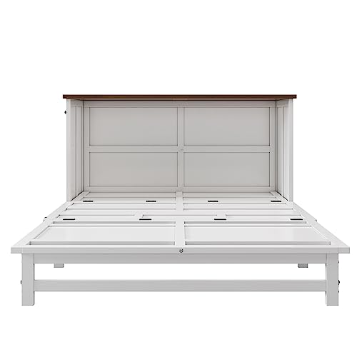 Ball & Cast Queen Size Solid Pine Murphy Bed Chest,Cabinet Hideaway Bed with Charging Station and Large Storage Drawer,Wood Wall Bed can be Folded