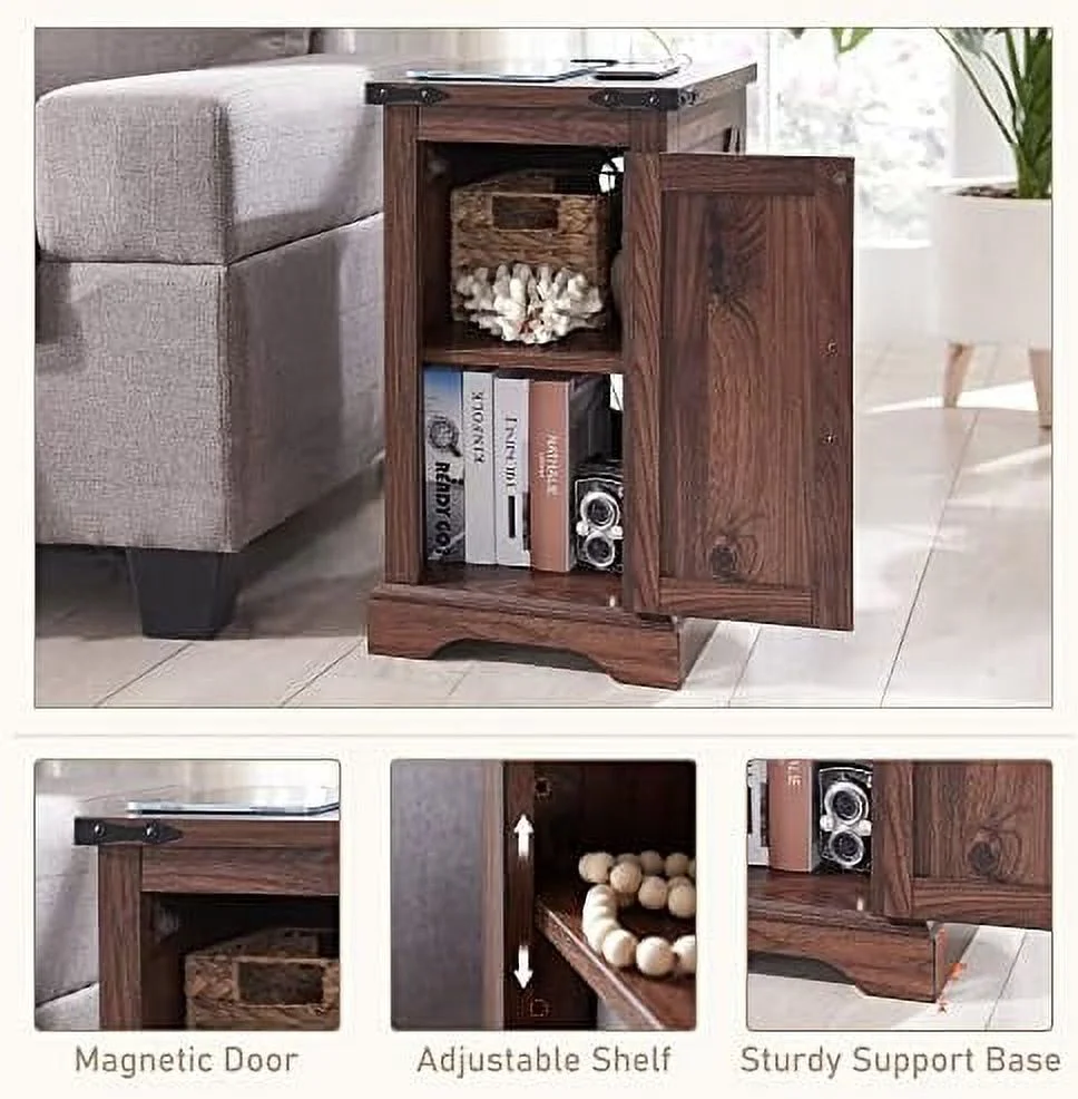 HOOMHIBIU Nightstand with Charging Station  Rectangular Farmhouse End Table with Barn Door and Adjustable    17"