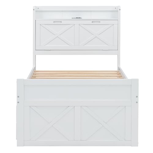Harper & Bright Designs Twin Size Captain Platform Bed with Bookcase Headboard, Wood Twin Bed Frame with Storage Drawers and Shelves