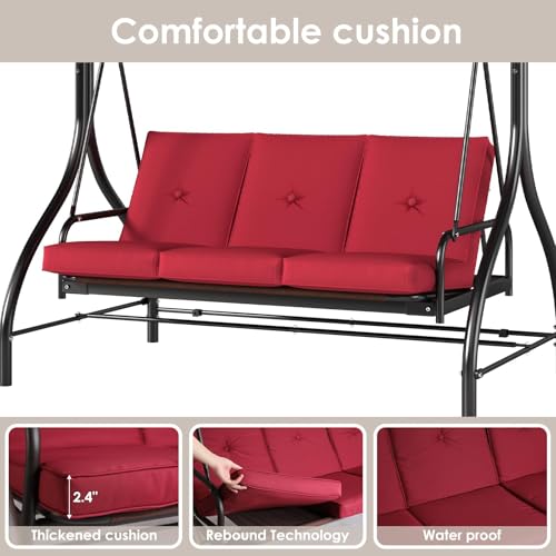 TLSUNNY 3-Seat Outdoor Patio Porch Swing with Adjustable Canopy & Backrest, Convertible Glider Bed with Stand, Removable Seat Cushion