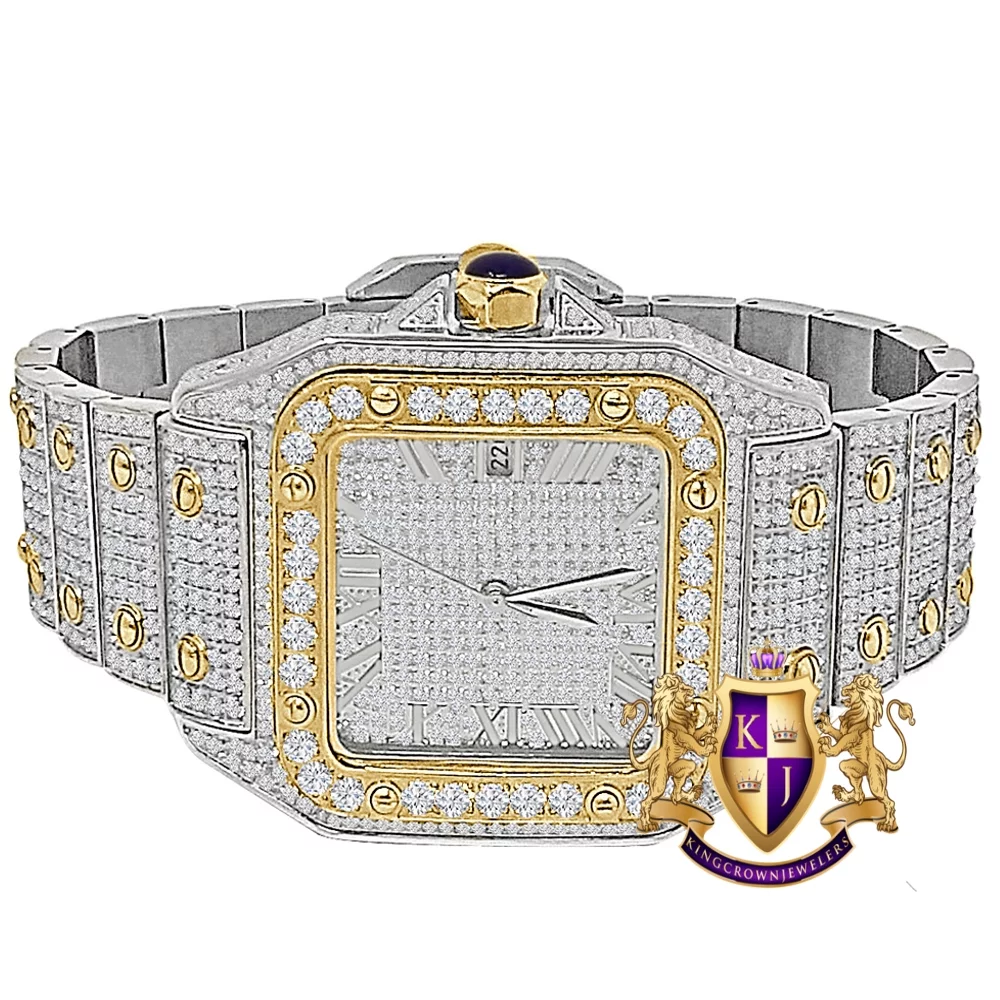 Solid Stainless Steel Roman Dial Face Two Tone Gold Finish Iced Out Automatic Movement Date Luxury Handmade Custom Men's Watch