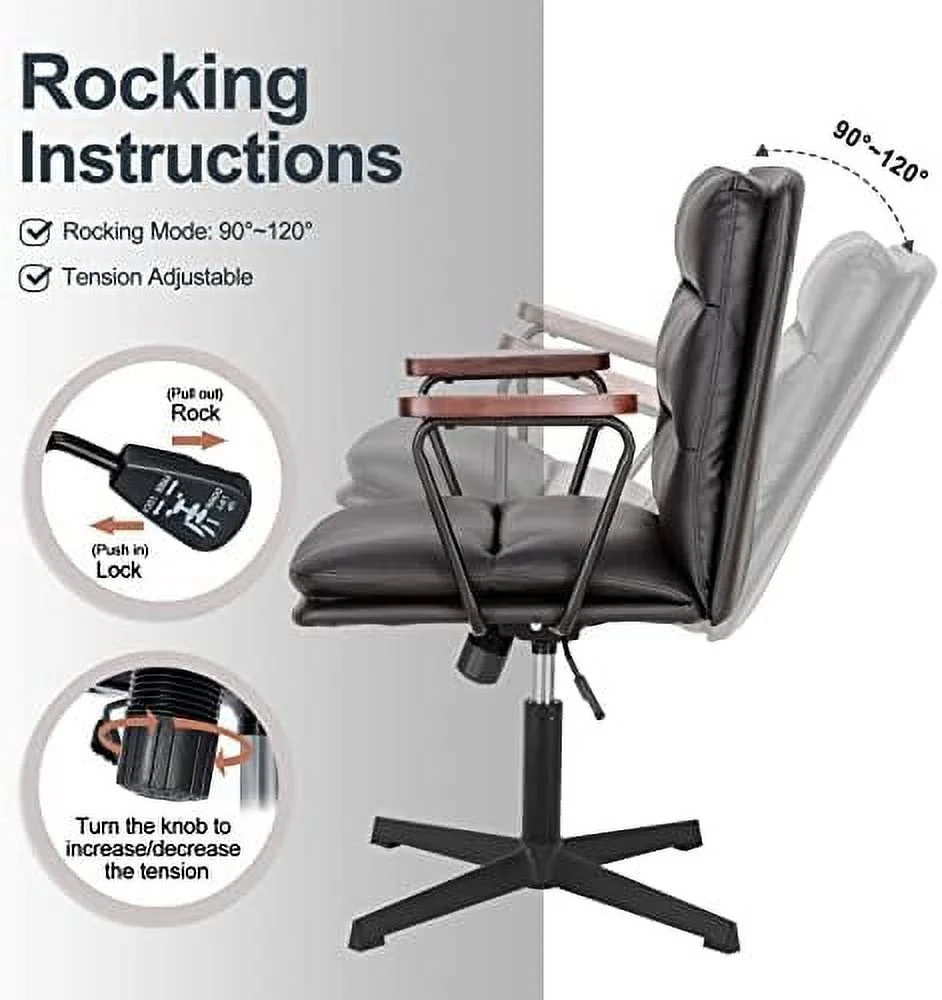 KHBIULIFE Office Desk Chair No Wheels  PU Leather Padded Criss Cross Chair with Wooden Armrests  Ergonomic Mid Back Adjustable Computer Chair  Cute