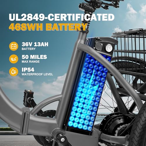 Triker Electric Bike, Peak 750W Brushless Motor Folding Trike Ebike, 468Wh Removable Battery, Step-Thru 3 Wheel Electric Bicycle, Up to 50 Miles