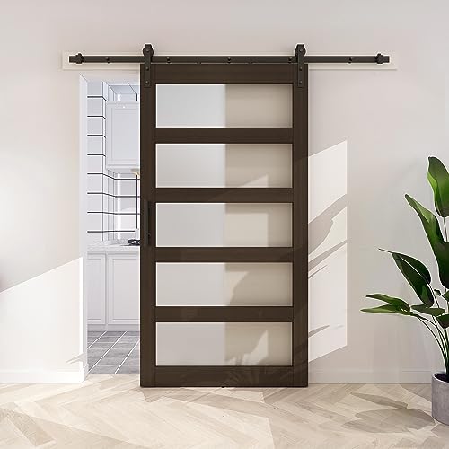 BARNSMITH 42in x 84in Glass Barn Door with 7FT Sliding Door Hardware Kit Included & Handle