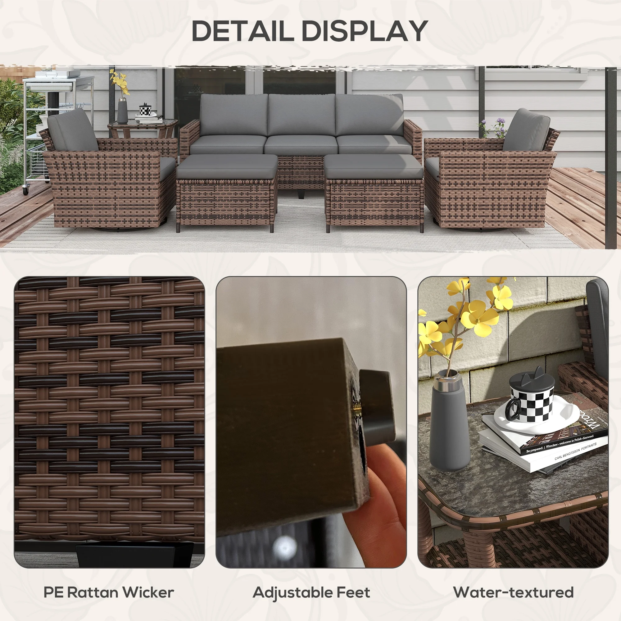 Outsunny 6pc Patio Furniture Set with Couch, Swivel Rocking Chairs, Brown