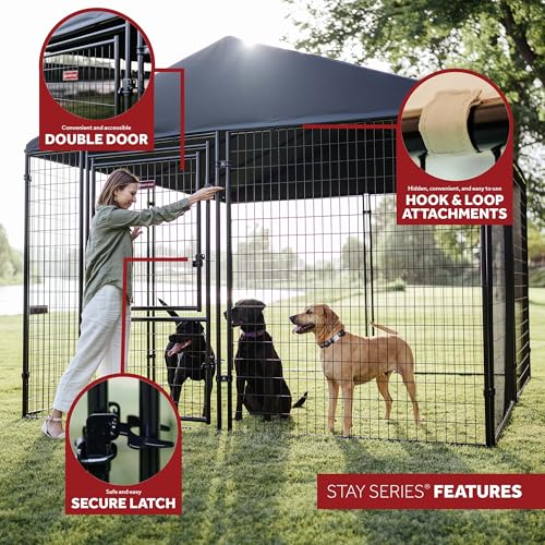 Stay Series 4 by 4 by 4.3 Feet Studio Jr. Black Powder Coat Steel Frame Outdoor Dog Kennel with Waterproof Canopy Roof and Gate Door, Khaki