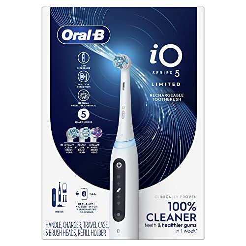 Oral-B iO Series 5 Limited Rechargeable Electric Powered Toothbrush, White with 3 Brush Heads and Travel Case