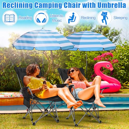 Karenhi 2 Set Beach Camping Chair with Umbrella for Adult Folding Reclining Camping Chair with Foot Rest Adjustable Clamp Canopy Shade for Outdoor