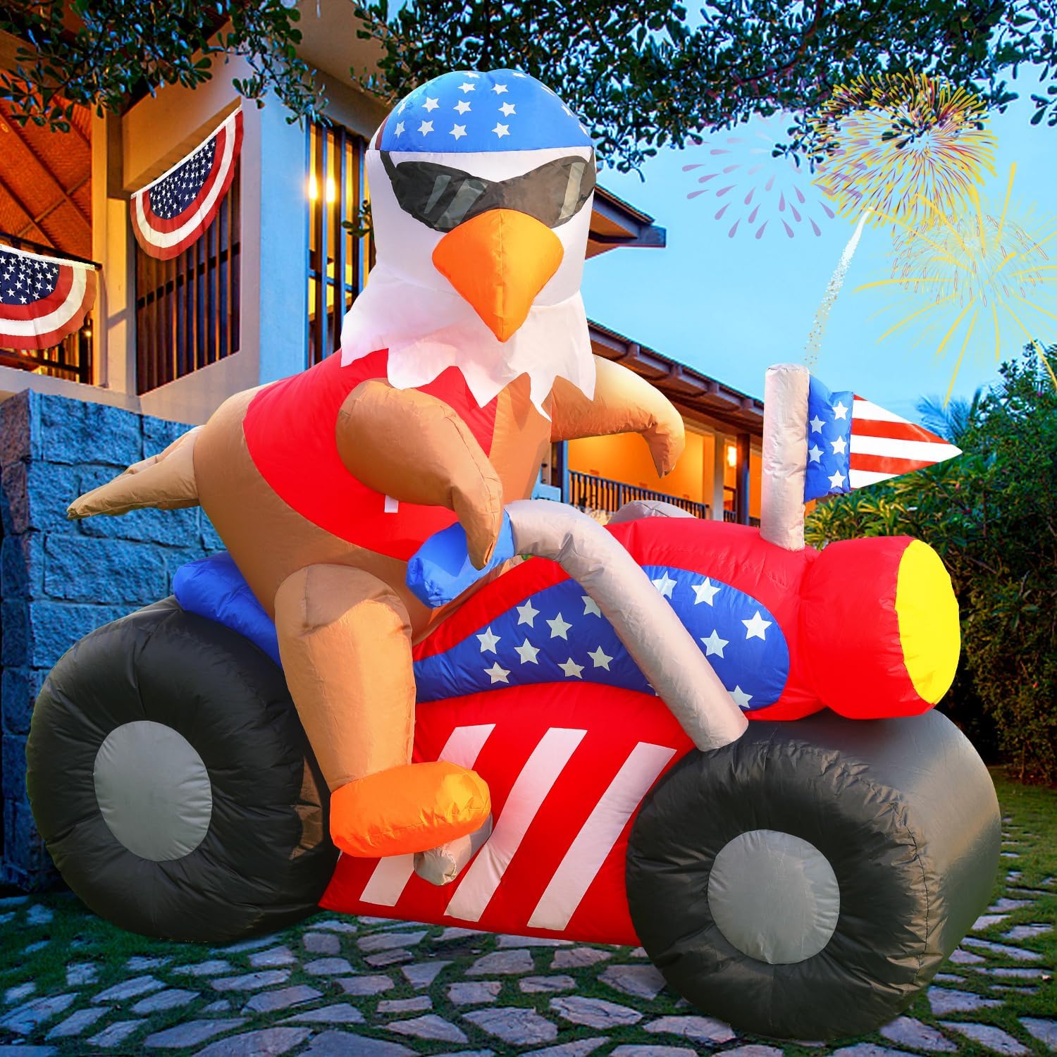 DomKom 6 FT Patriotic Independence Day 4th of July Inflatable Outdoor Decoration, Bald Eagle Sitting on Motorcycle