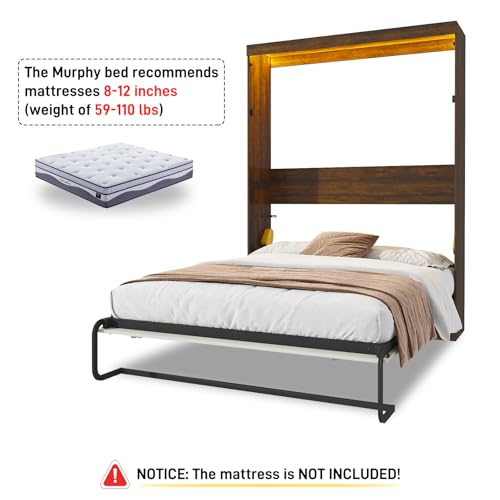 Queen Size Murphy Bed with 2 LED Lights, Farmhouse Wood Hidden Foldable Wall Bed Frame w/Gas Struts, Storage Bed Cabinet for Bedroom, Office
