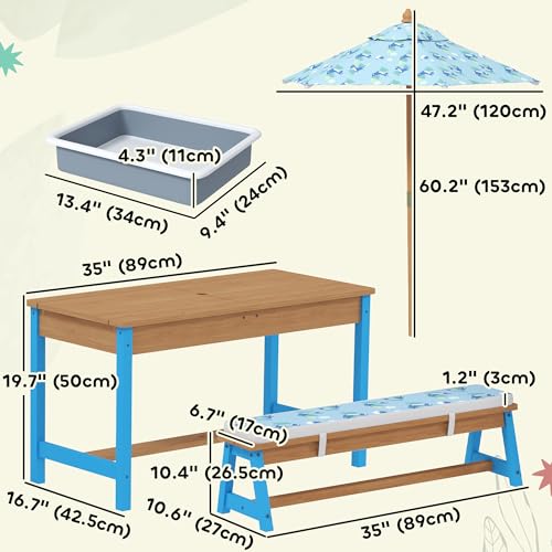 Qaba Kids Picnic Table, Wooden Table and Bench Set with Foldable Umbrella, Removable Cushions & Boxes
