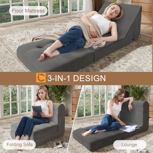 COMAX Folding Sofa Bed, Convertible Chair Bed Corduroy 3-in-1 Foldable Floor Couch with High-Density Foam, Futon Sofa Sleeper Mattress
