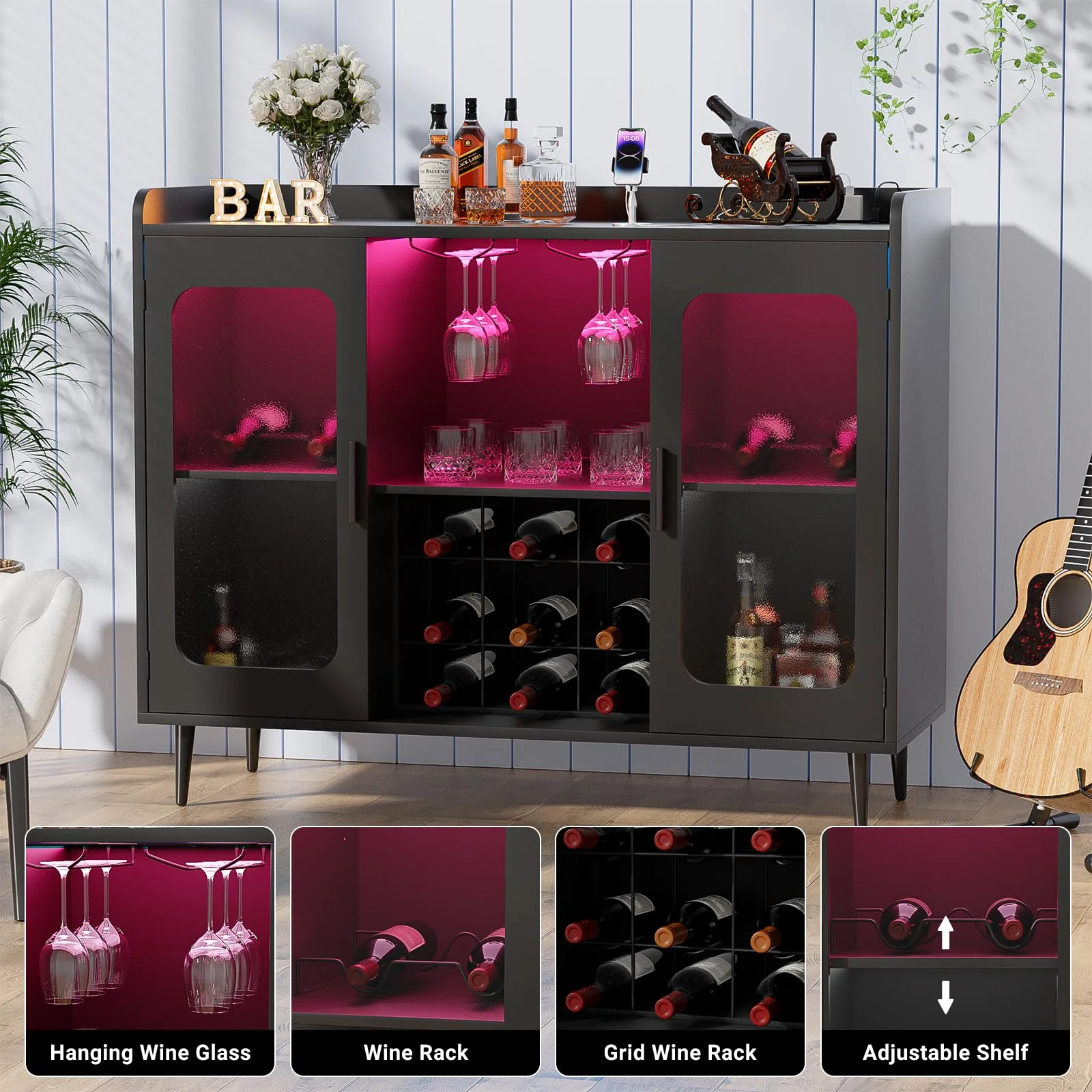 Homieasy Cabinet Bar with Power Outlet & LED Light, Wine Bar Cabinet with Wine and Glasses Rack, Home Coffee Bar Cabinet